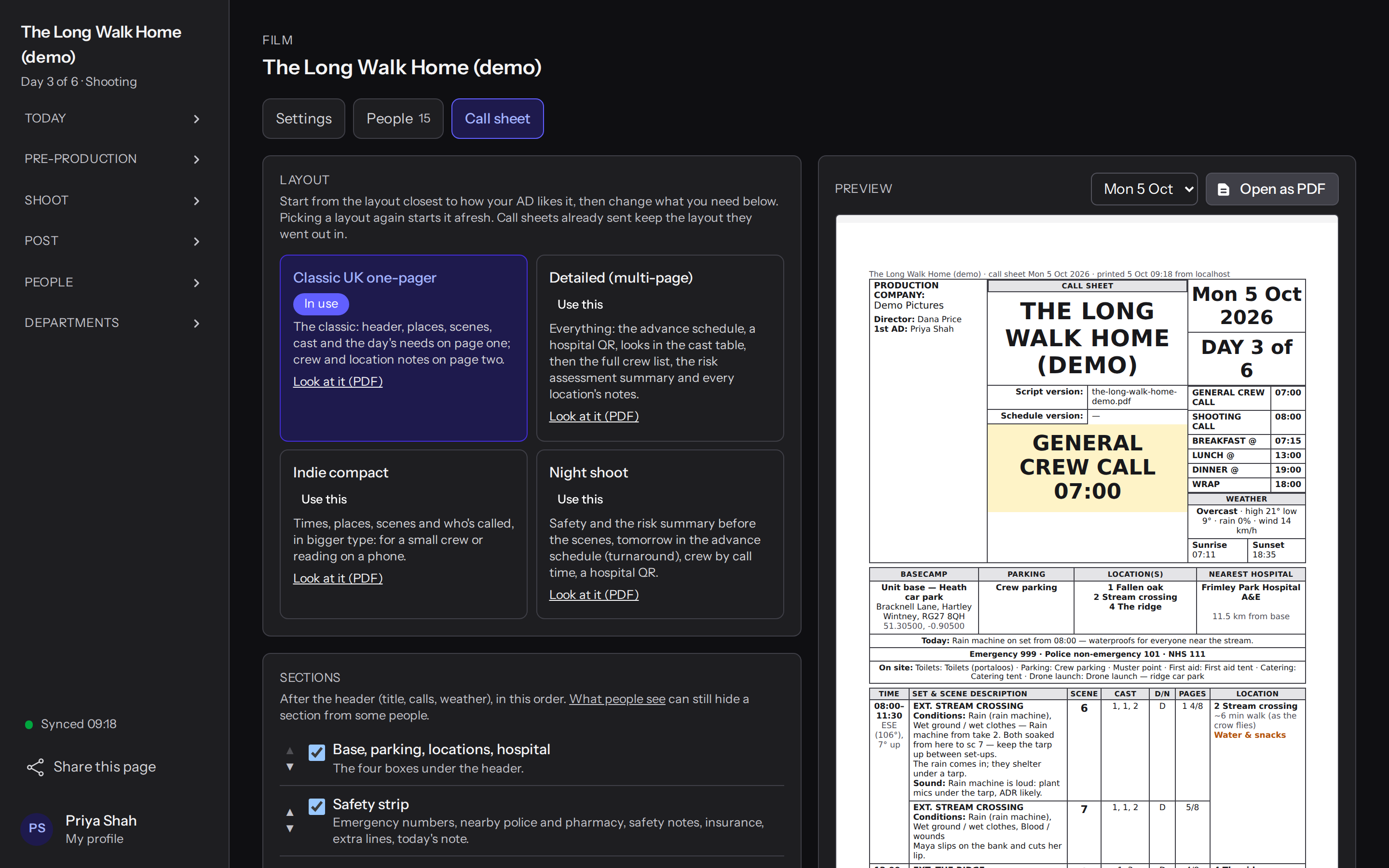 A call sheet built from the schedule
