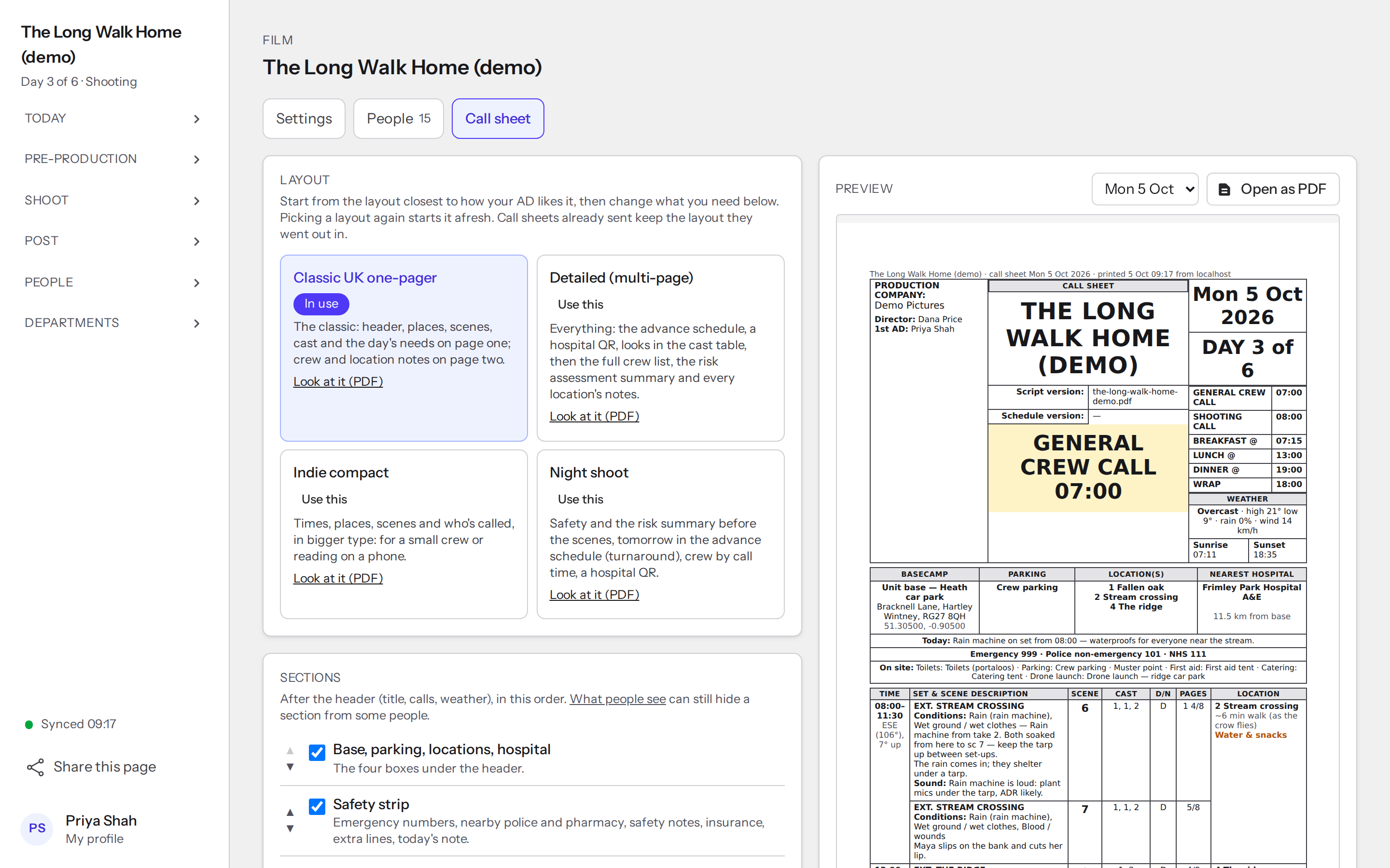 A call sheet built from the schedule