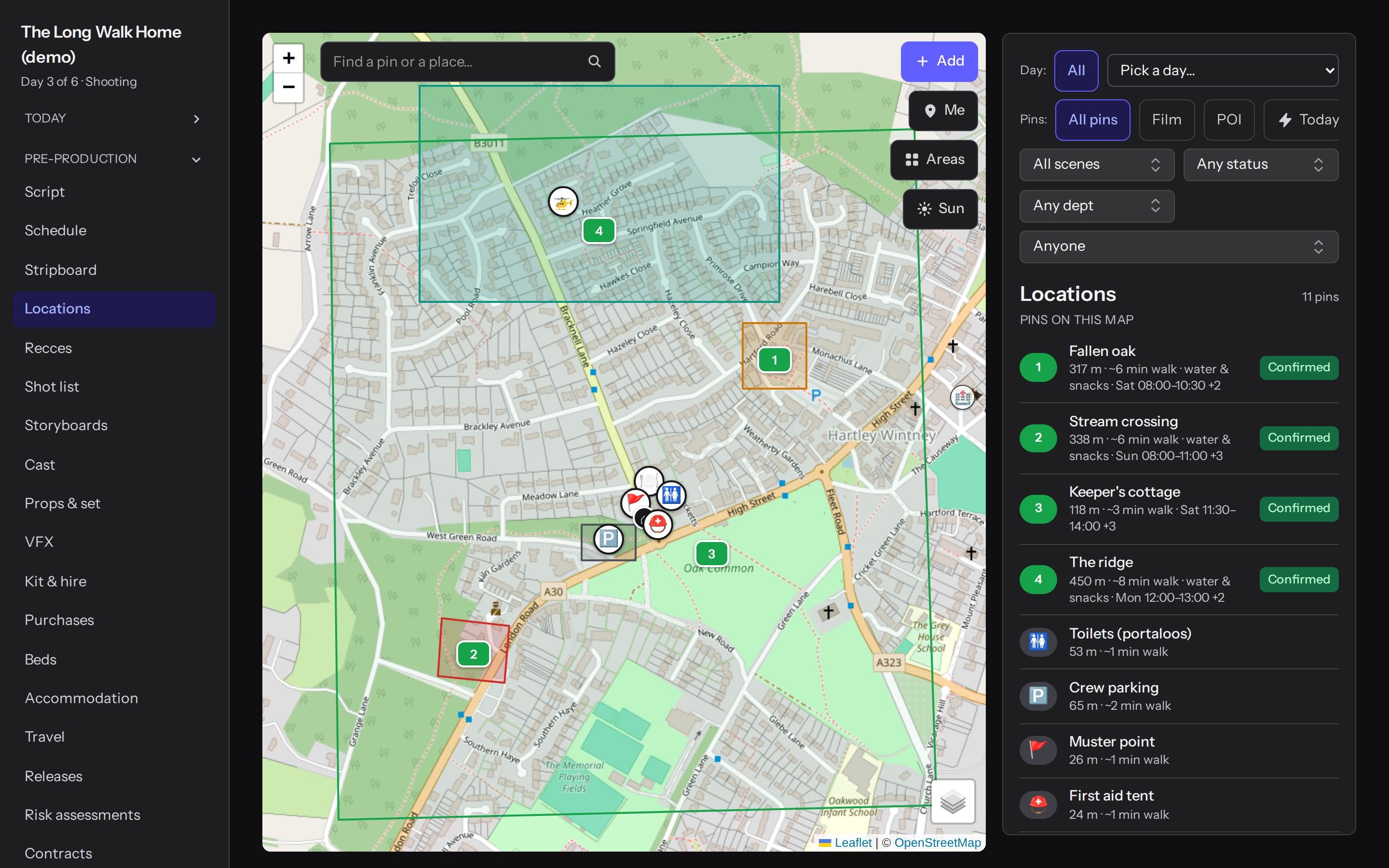 Filming locations, unit bases and walk times on the map