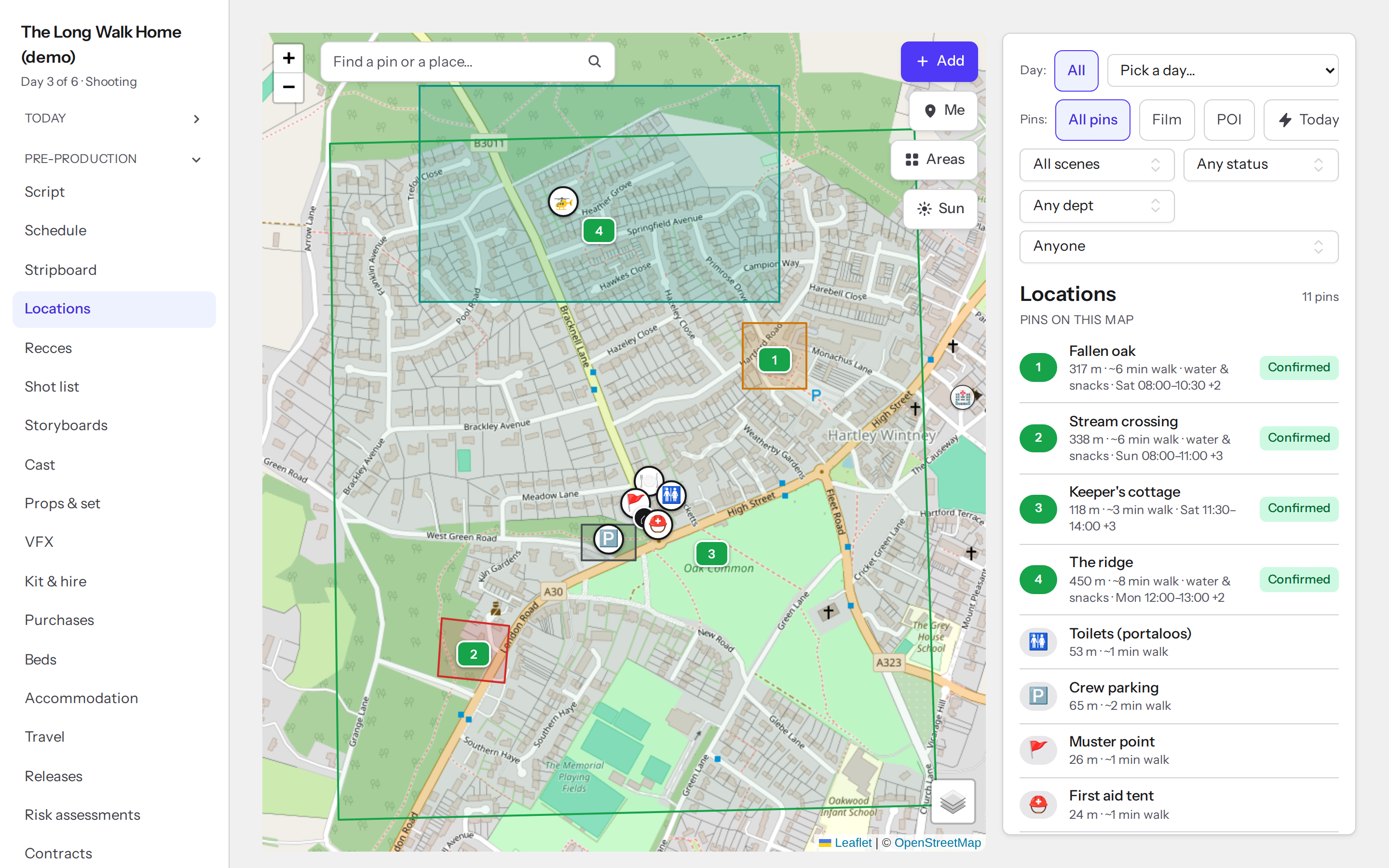 Filming locations, unit bases and walk times on the map